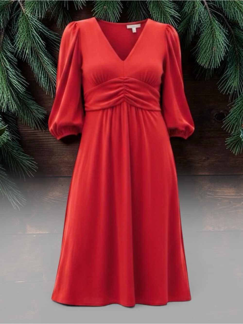 NY COLLECTION Red V Neck Long Sleeve MIDI Dress SZ XS
